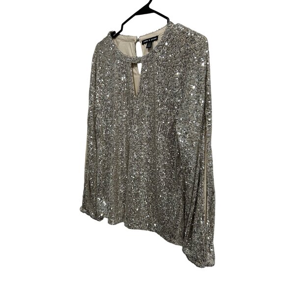 Cable & Gauge Large Long Open Sleeve Sequin Top Keyhole Back Sparkle Holiday - Picture 3 of 10